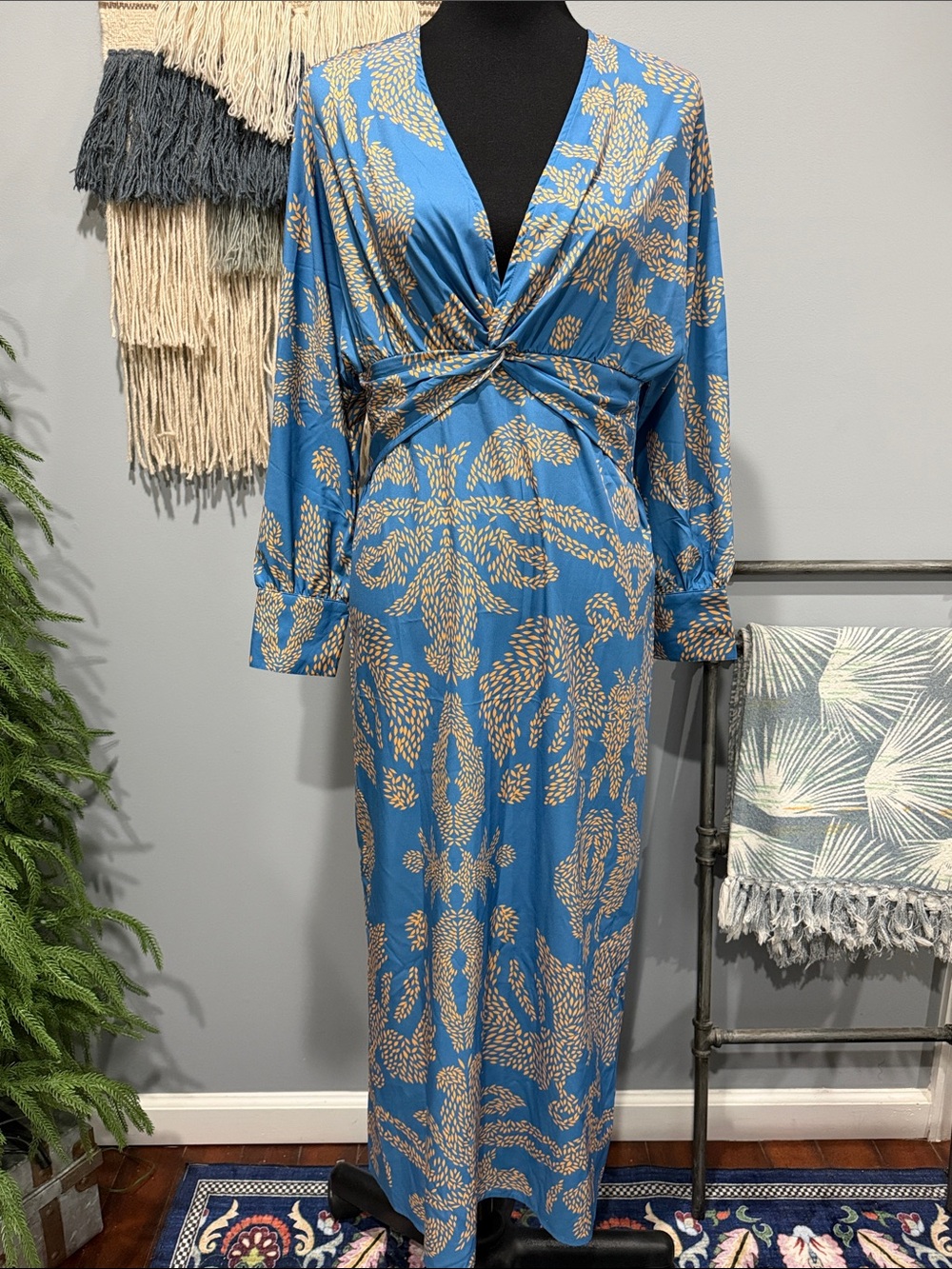 NWT Blue Gold Tropical Twist Front Maxi Dress Long Sleeve Resort Vacation Size S
